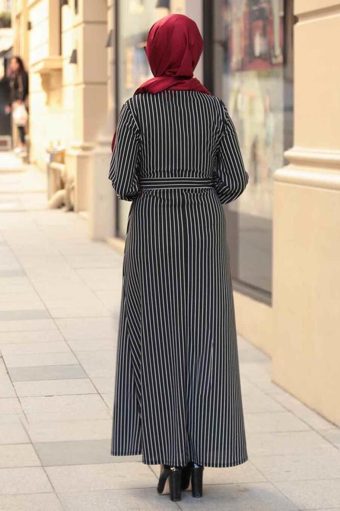 Nayla Collection - Çizgili Siyah Tesettür Elbise 2396S - 2