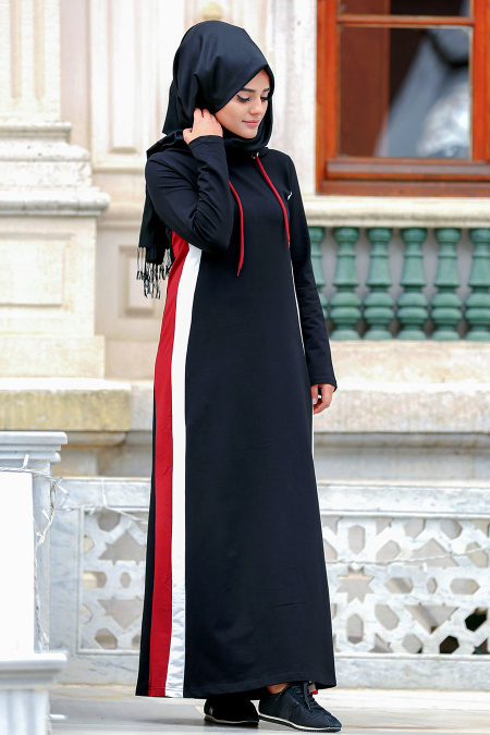 Nayla Collection - Çizgili Siyah Tesettür Elbise 80050S