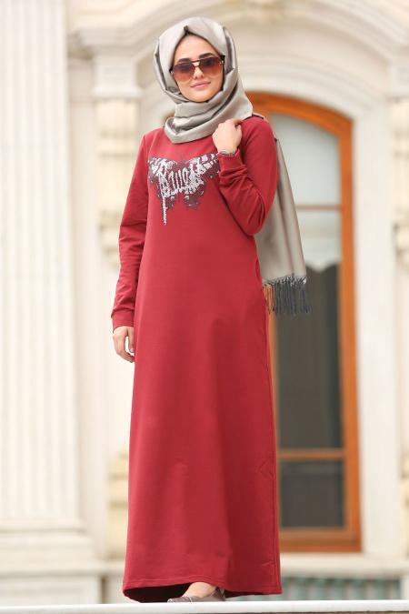 Nayla Collection - Claret Red Hijab Coat 80260BR - 1