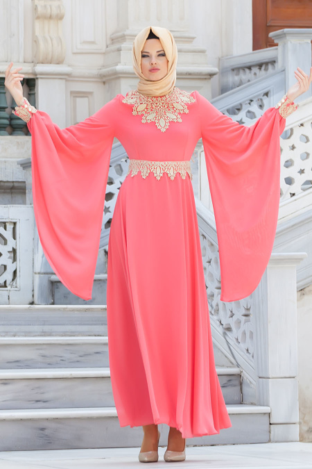 Nayla Collection - Coral Color Hijab Dress 4173MR