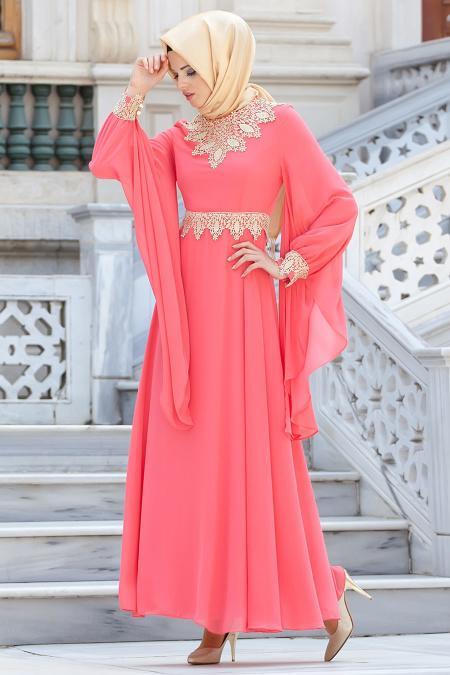 Nayla Collection - Coral Color Hijab Dress 4173MR - 2