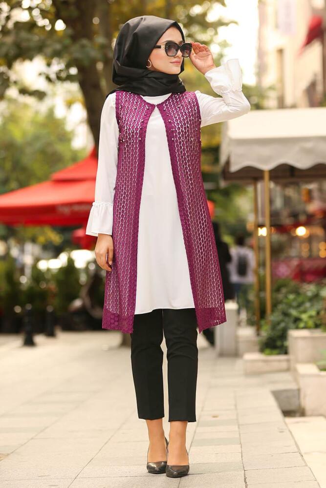 Nayla Collection - Dantel Detaylı Bluz & Yelek Mor Tesettür Takım 5117MOR - 1
