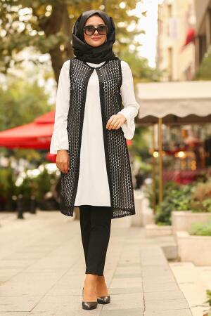 Nayla Collection - Dantel Detaylı Bluz & Yelek Siyah Tesettür Takım 5117S - 1
