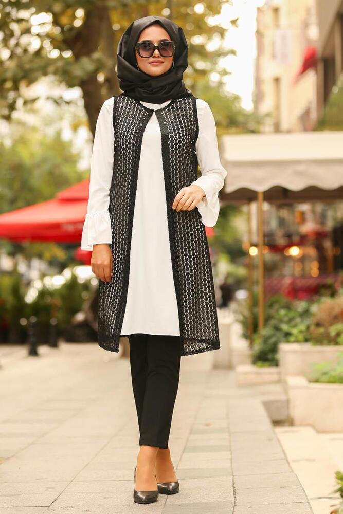Nayla Collection - Dantel Detaylı Bluz & Yelek Siyah Tesettür Takım 5117S - 1