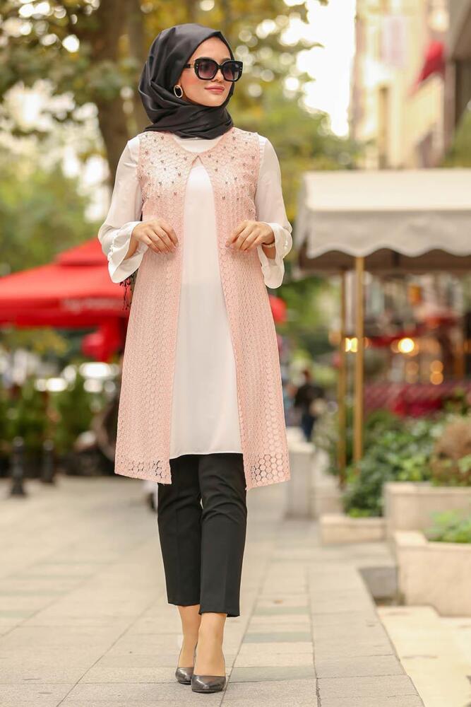 Nayla Collection - Dantel Detaylı Bluz & Yelek Somon Tesettür Takım 5117SMN - 1