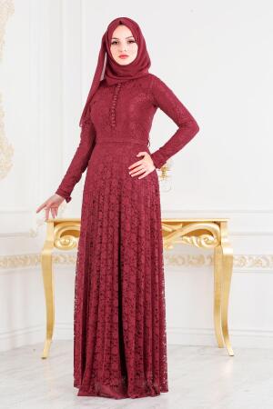 Nayla Collection - Dantel Detaylı Bordo Tesettür Abiye Elbise 3091BR - 1