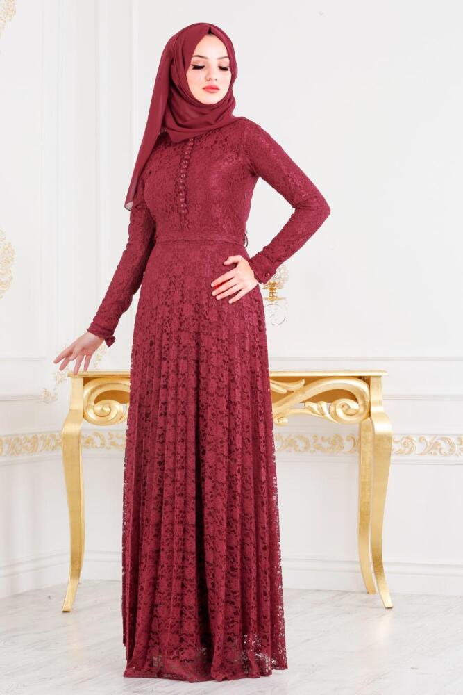 Nayla Collection - Dantel Detaylı Bordo Tesettür Abiye Elbise 3091BR - 2