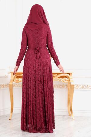 Nayla Collection - Dantel Detaylı Bordo Tesettür Abiye Elbise 3091BR - 3