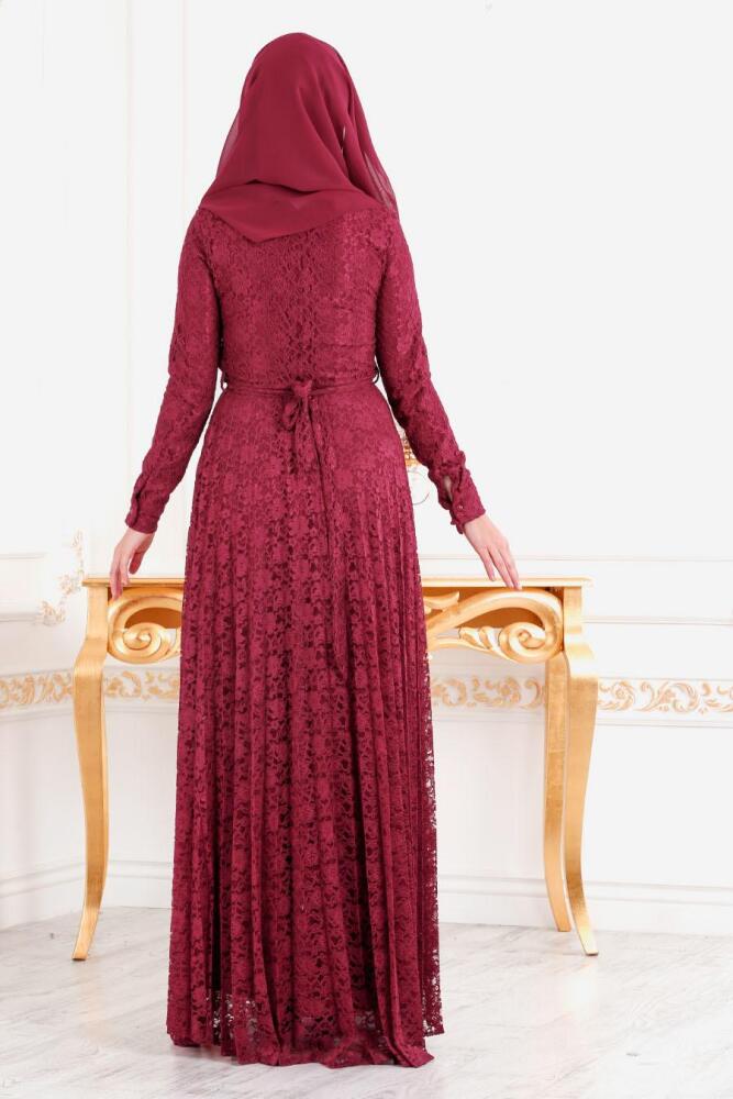 Nayla Collection - Dantel Detaylı Bordo Tesettür Abiye Elbise 3091BR - 3