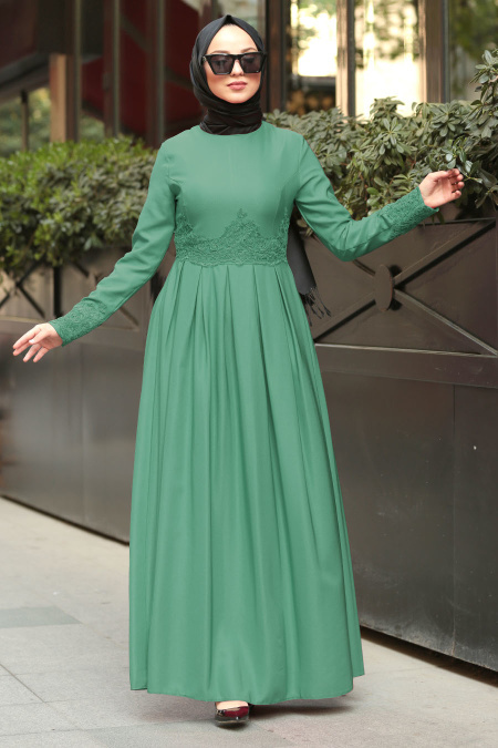 Nayla Collection - Dantel Detaylı Çağla Yeşili Tesettür Elbise 42370CY