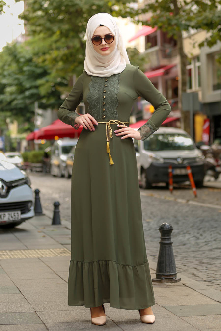 Nayla Collection - Dantel Detaylı Düğmeli Haki Tesettür Elbise 100409HK