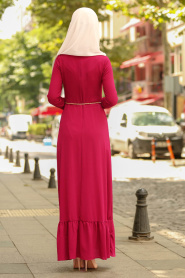 Nayla Collection - Dantel Detaylı Düğmeli Mürdüm Tesettür Elbise 100409MU - Thumbnail