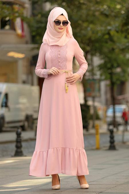 Nayla Collection - Dantel Detaylı Düğmeli Pudra Tesettür Elbise 100409PD - 2