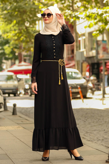 Nayla Collection - Dantel Detaylı Düğmeli Siyah Tesettür Elbise 100409S