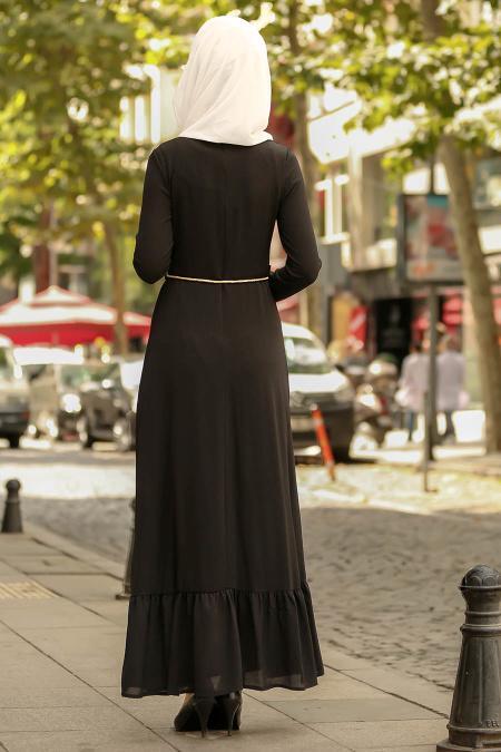 Nayla Collection - Dantel Detaylı Düğmeli Siyah Tesettür Elbise 100409S - 2