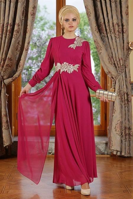 Nayla Collection - Dantel Detaylı Fuşya Tesettür Elbise 7009F - 2