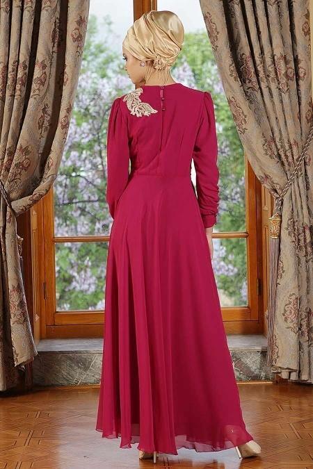 Nayla Collection - Dantel Detaylı Fuşya Tesettür Elbise 7009F - 3
