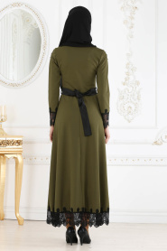 Nayla Collection - Dantel Detaylı Haki Tesettür Elbise 10144HK - Thumbnail