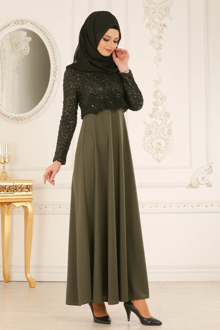 Nayla Collection - Dantel Detaylı Haki Tesettür Elbise 12012HK