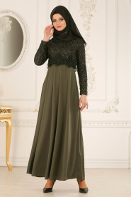 Nayla Collection - Dantel Detaylı Haki Tesettür Elbise 12012HK - Thumbnail