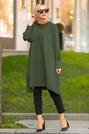 Nayla Collection - Dantel Detaylı Haki Tesettür Tunik 2265HK - 1