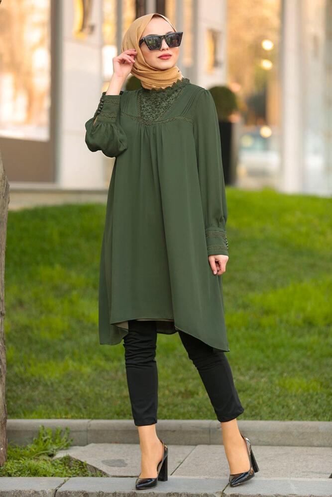 Nayla Collection - Dantel Detaylı Haki Tesettür Tunik 2265HK - 1