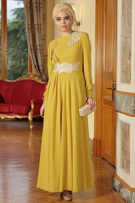 Nayla Collection - Dantel Detaylı Hardal Tesettür Elbise 7009HR