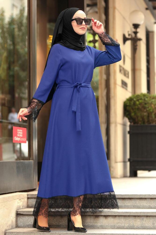 Nayla Collection - Dantel Detaylı İndigo Mavisi Tesettür Elbise 6129IM - 1