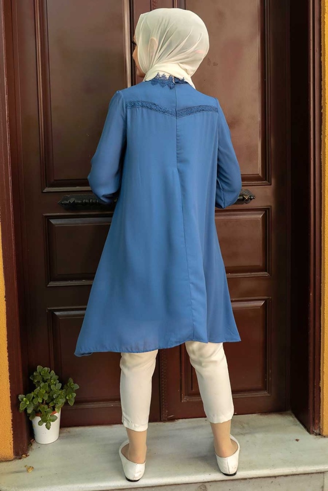 Nayla Collection - Dantel Detaylı İndigo Mavisi Tesettür Tunik 5000IM - 3