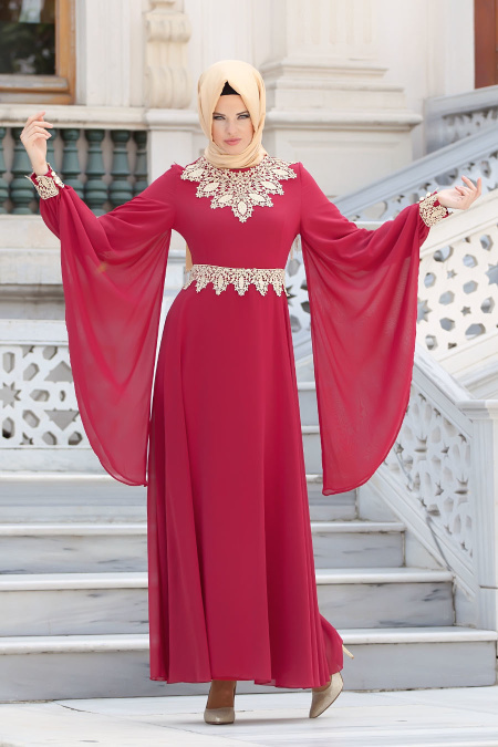 Nayla Collection - Dantel Detaylı Kırmızı Tesettür Elbise 4173K