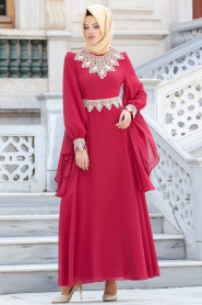 Nayla Collection - Dantel Detaylı Kırmızı Tesettür Elbise 4173K - Thumbnail