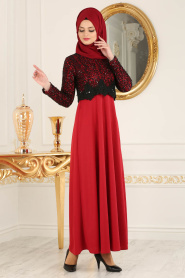 Nayla Collection - Dantel Detaylı Bordo Tesettür Elbise 12012BR - Thumbnail