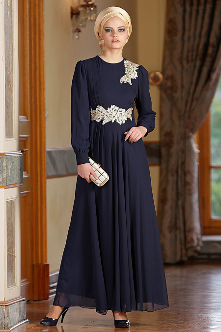 Nayla Collection - Dantel Detaylı Lacivert Tesettür Elbise 7009L
