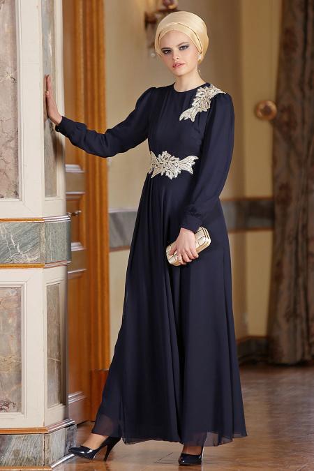 Nayla Collection - Dantel Detaylı Lacivert Tesettür Elbise 7009L - 2
