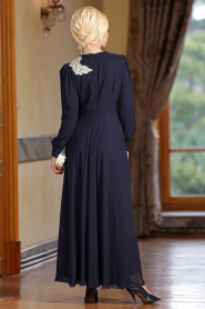 Nayla Collection - Dantel Detaylı Lacivert Tesettür Elbise 7009L - Thumbnail