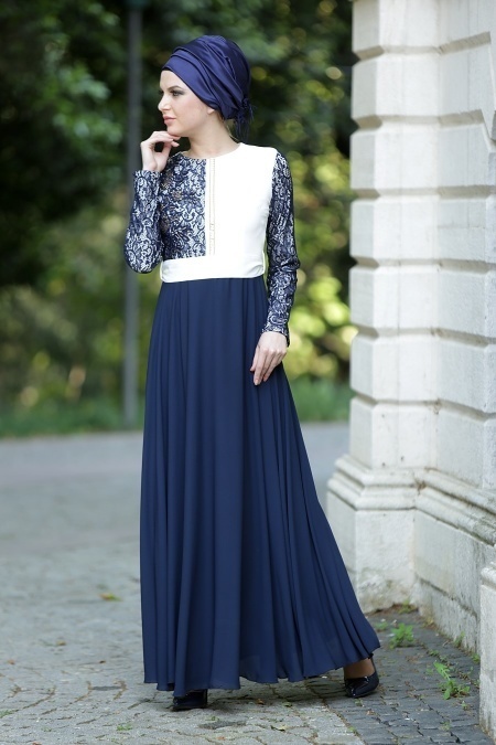 Nayla Collection - Dantel Detaylı Lacivert Tesettür Elbise 5293L