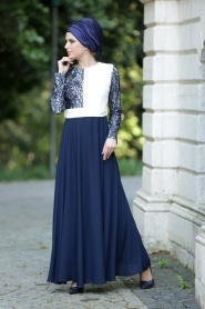 Nayla Collection - Dantel Detaylı Lacivert Tesettür Elbise 5293L - Thumbnail