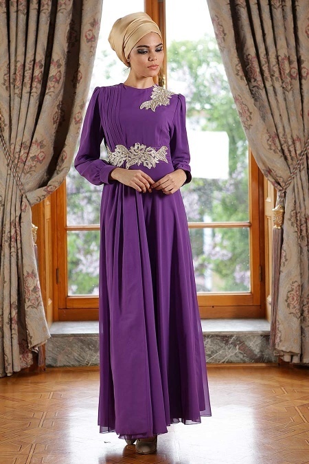 Nayla Collection - Dantel Detaylı Mor Tesettür Elbise 7009MOR