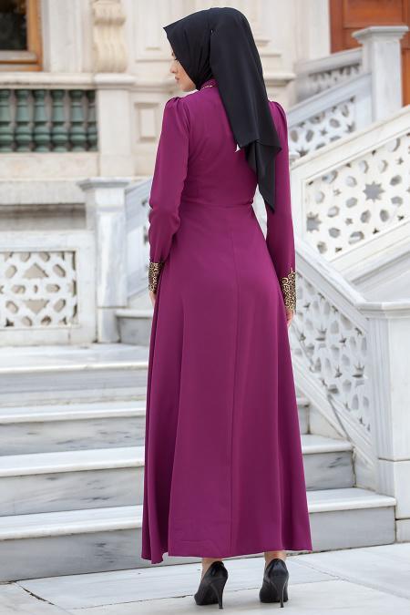 Nayla Collection - Dantel Detaylı Mürdüm Tesettür Elbise 5207MU - 3