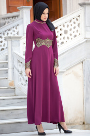 Nayla Collection - Dantel Detaylı Mürdüm Tesettür Elbise 5207MU - Thumbnail