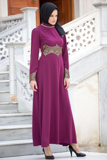 Nayla Collection - Dantel Detaylı Mürdüm Tesettür Elbise 5207MU - 2