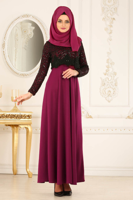 Nayla Collection - Dantel Detaylı Mürdüm Tesettür Elbise 12012MU