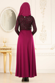 Nayla Collection - Dantel Detaylı Mürdüm Tesettür Elbise 12012MU - Thumbnail