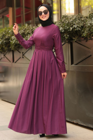 Nayla Collection - Dantel Detaylı Mürdüm Tesettür Elbise 42370MU - Thumbnail