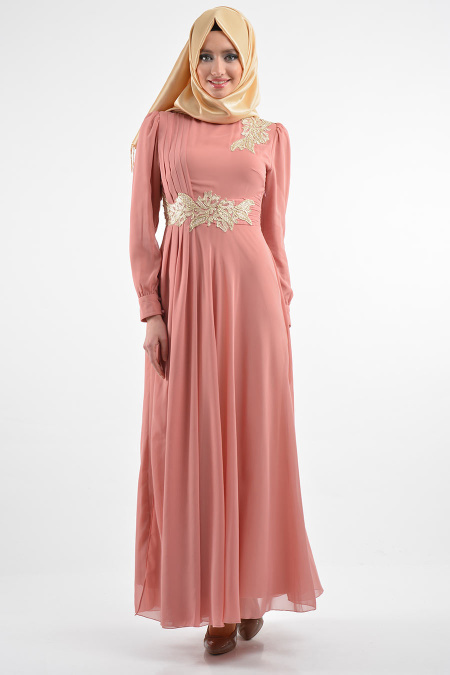 Nayla Collection - Dantel Detaylı Pudra Tesettür Elbise 7009PD