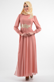 Nayla Collection - Dantel Detaylı Pudra Tesettür Elbise 7009PD - Thumbnail