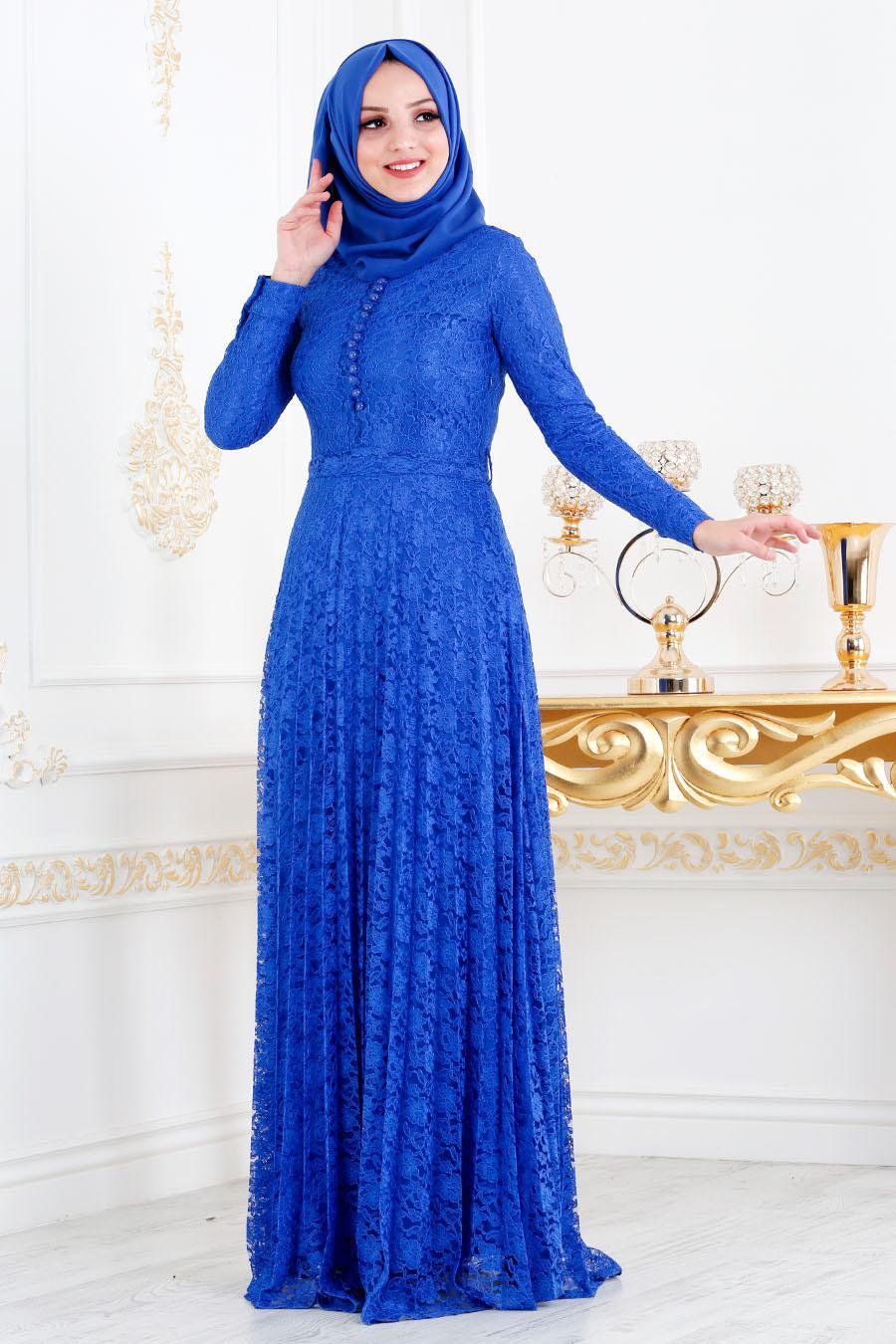 Nayla Collection - Dantel Detaylı Saks Mavisi Tesettür Abiye Elbise 3091SX