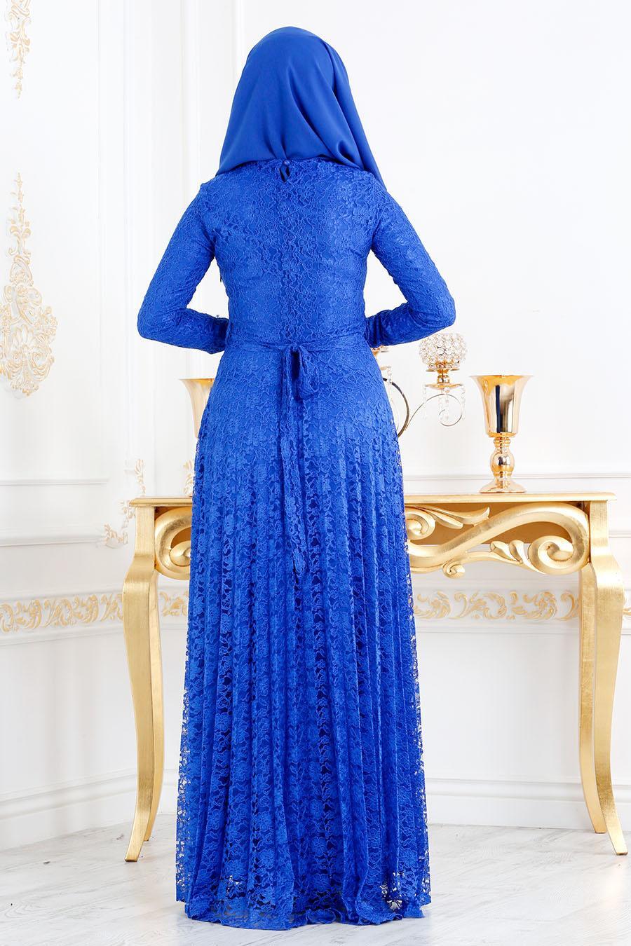 Nayla Collection - Dantel Detaylı Saks Mavisi Tesettür Abiye Elbise 3091SX