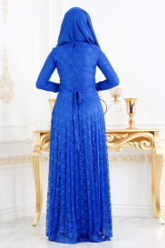 Nayla Collection - Dantel Detaylı Saks Mavisi Tesettür Abiye Elbise 3091SX - Thumbnail