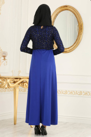 Nayla Collection - Dantel Detaylı Sax Mavisi Tesettür Elbise 12012SX - Thumbnail